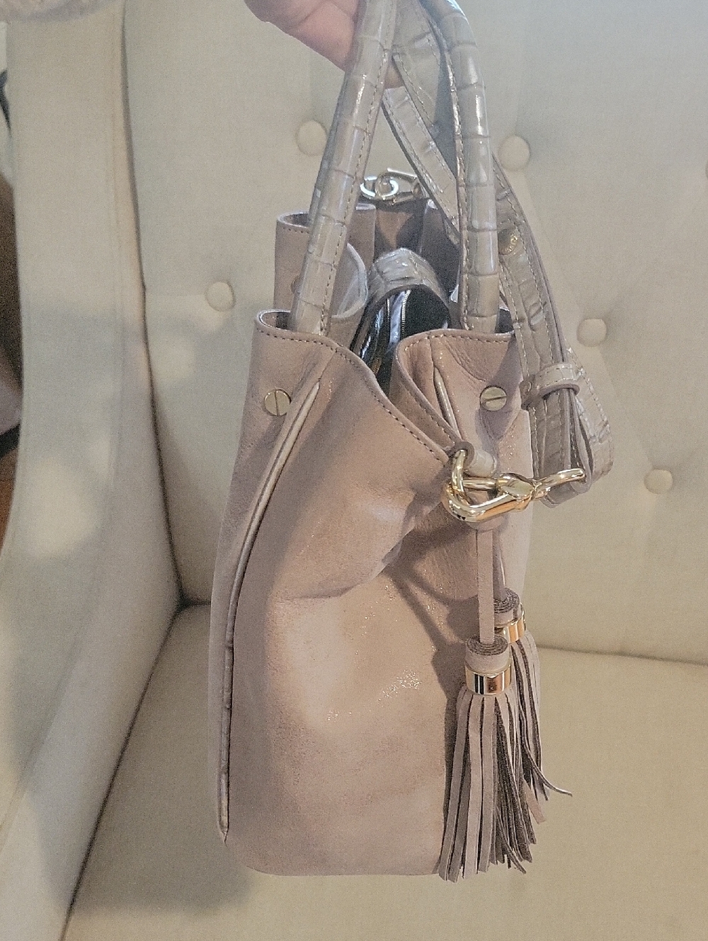 Brahmin handbag Mallory Warm Gray Tan Reynolds Glove Soft Leather Satchel - Picture 6 of 9